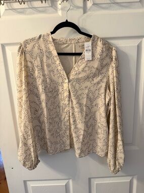LOFT Cream Blouse with Black Dotted Swirl Print
